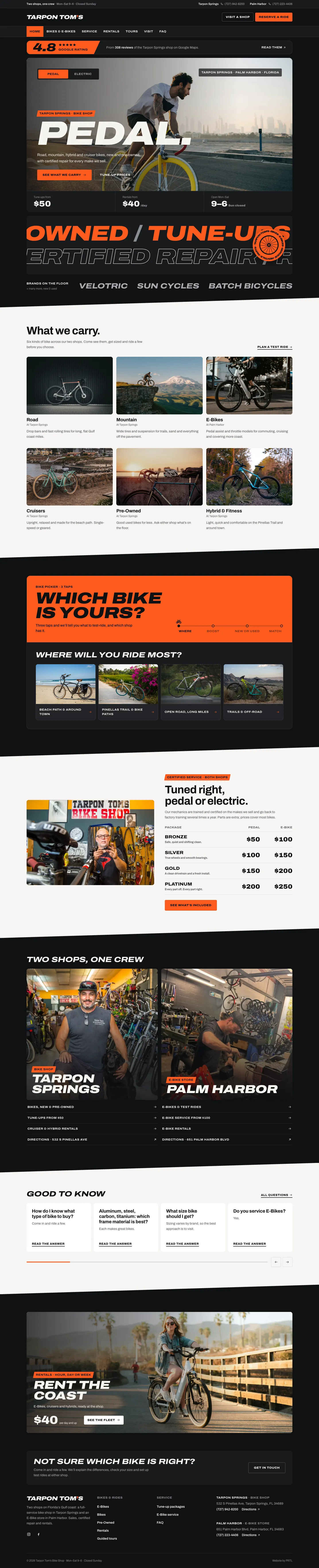 Tarpon Tom’s homepage: oversized “Pedal. Electric.” headline over a rider, tune-up prices, bike categories, bike picker and both shop locations